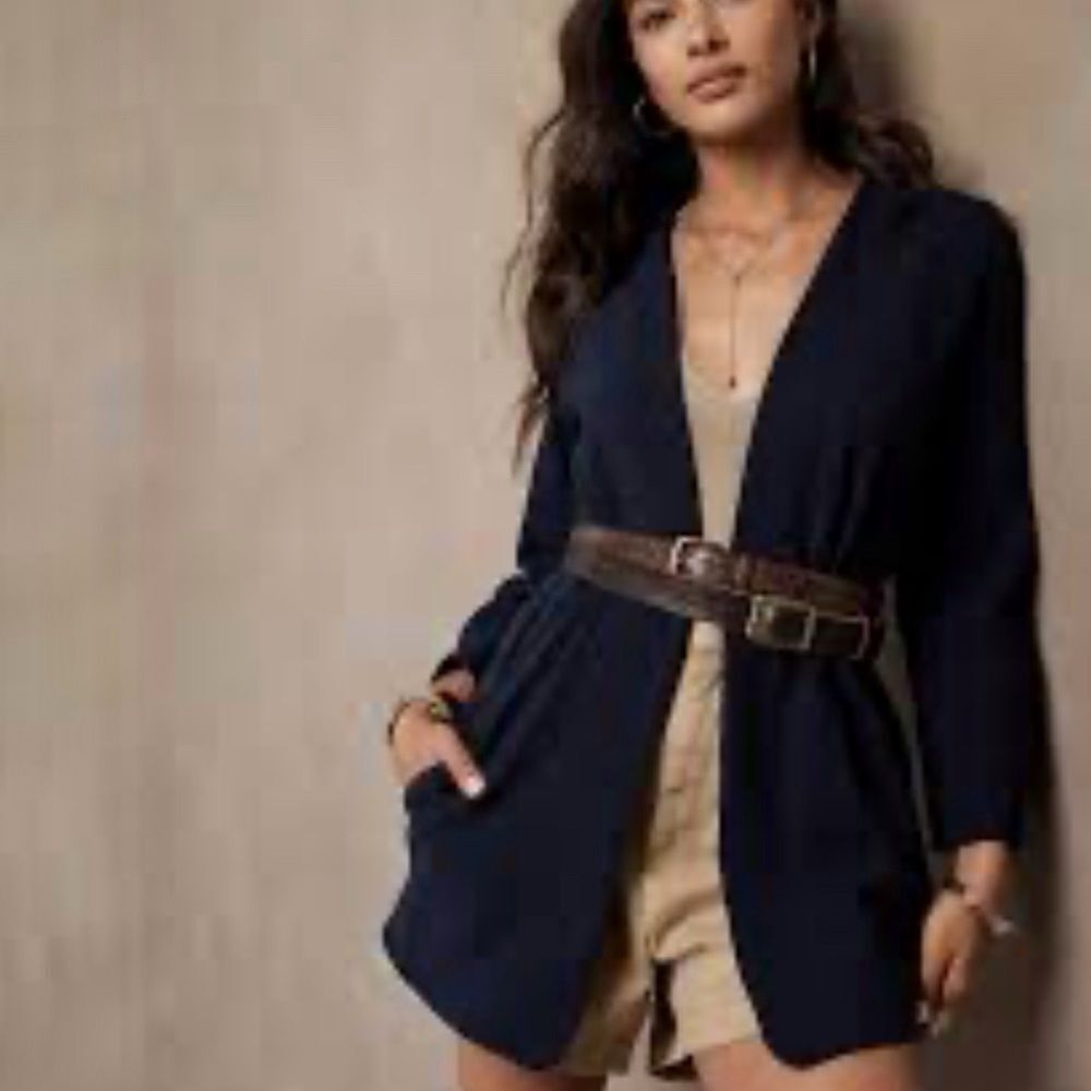 Banana Republic Navy Blue Pique Knit Tie Waist Jacket Belted Open Front Women